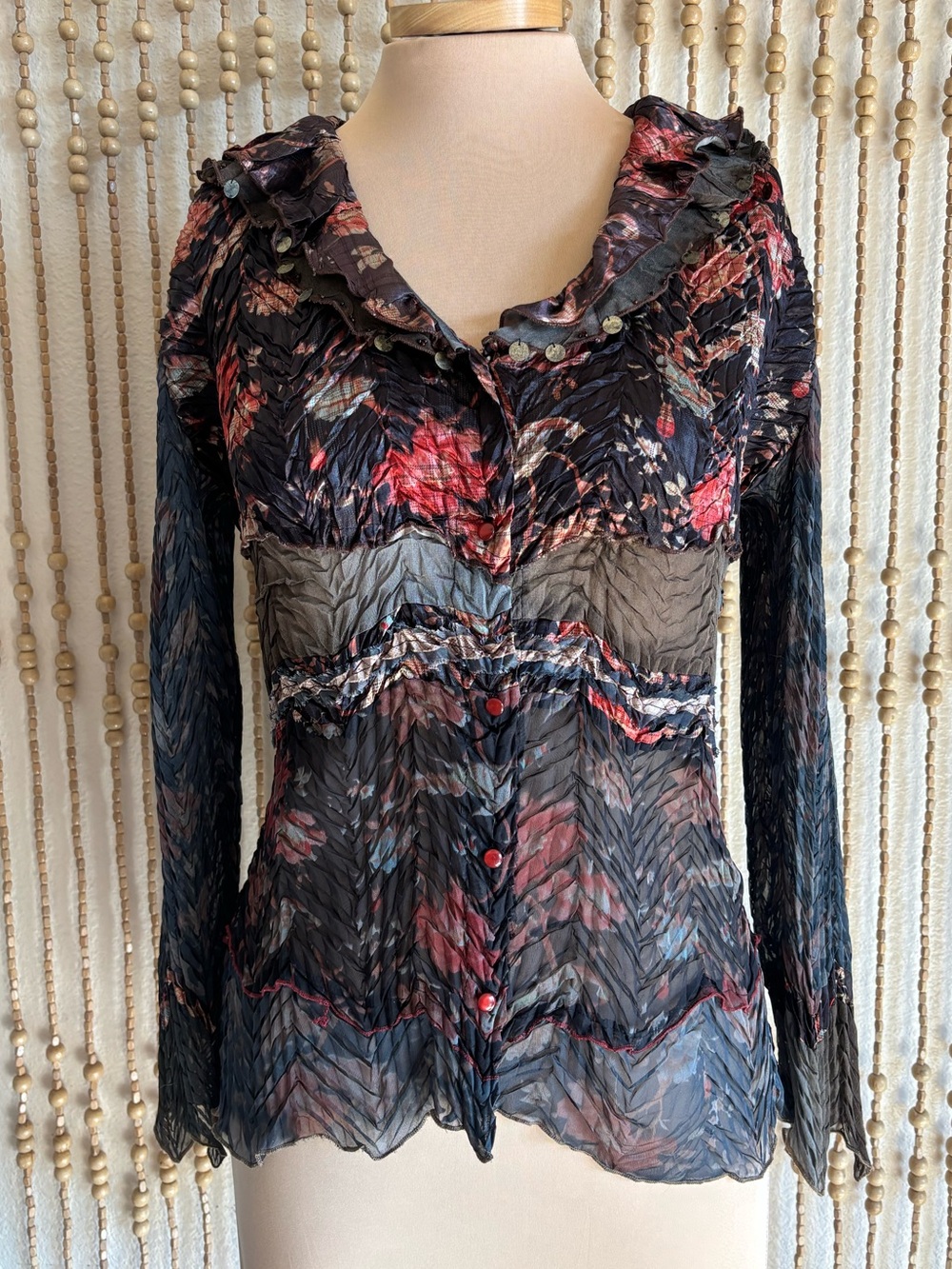 Vint 90s Alberto Makali Euro Grunge Floral Silky Boho V Neck Ruffle Beaded Top